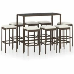 Vente flash 🎉 Topdeal Meuble De Bar De Jardin 9 Pcs Et Coussins Résine Tressée Marron FF3064825_FR 🤩