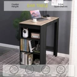 Remise 🛒 Ikayaa Table De Bar Rustique à Hauteur De Comptoir Table De Salle à Manger De Ferme Avec Rangement Intégré à 3 Niveaux Étagères Ouvertes Repose-pieds De Soutien Pour Les Petits Endroits Limités | 3 Couleurs Chics En Option - Le Noir ✔️ -Table haute Boutique 60522436 3