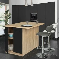 Vente flash 🔔 IDMARKET Ilot Central IVO 120 Cm Bois Façon Hêtre Portes Noires Avec Plan De Travail 😉 -Table haute Boutique 60618053 4