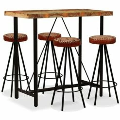 Meilleur prix 🌟 SUPERMARKET Ensemble De Bar Bois De Récupération Cuir Véritable Et Toile 5 Pcs ⭐