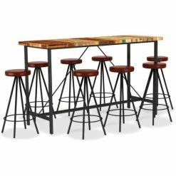 De gros 🛒 FIMEI Ensemble De Bar 9 Pcs Bois De Récupération Et Cuir Véritable ⭐
