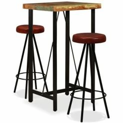 Coupon ✨ FUHUIDATRADING Ensemble De Bar 3 Pcs Bois Massif Recyclé Et Cuir Véritable ✨
