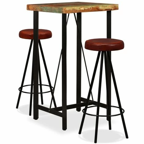 Coupon ✨ FUHUIDATRADING Ensemble De Bar 3 Pcs Bois Massif Recyclé Et Cuir Véritable ✨ 3 Coupon ✨ FUHUIDATRADING Ensemble De Bar 3 Pcs Bois Massif Recyclé Et Cuir Véritable ✨