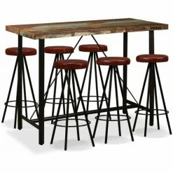 Acheter ⭐ FUHUIDATRADING Ensemble De Bar 7 Pcs Bois Massif Recyclé Et Cuir Véritable 😍
