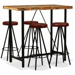 Sortie 🤩 FUHUIDATRADING Ensemble De Bar 5 Pcs Bois Massif Recyclé Et Cuir Véritable ❤️