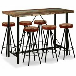 Budget 🔔 FUHUIDATRADING Ensemble De Bar 7 Pcs Bois De Récupération Cuir Véritable Et Toile 👏