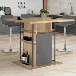 Remise ❤️ IDMARKET Ilot Central UGO 110 Cm Bois Gris Et Imitation Hêtre Avec Rangements Design Industriel ⭐