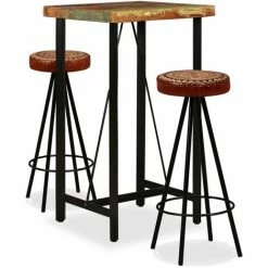Promo ⌛ Ensemble De Bar Bois De Récupération Cuir Véritable Et Toile 3 Pcs VidaXL 🌟